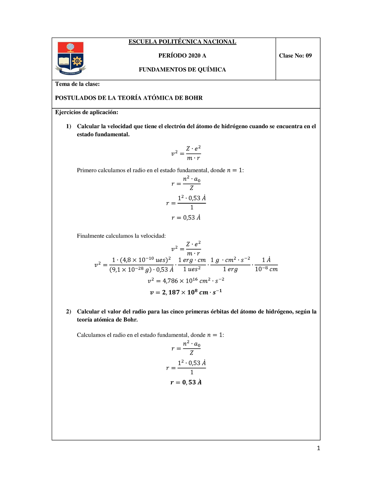 Tema 6A. Ejercicios resueltos Postulados teoría atómica de Bohr - 1 ESCUELA  POLITÉCNICA NACIONAL - Studocu