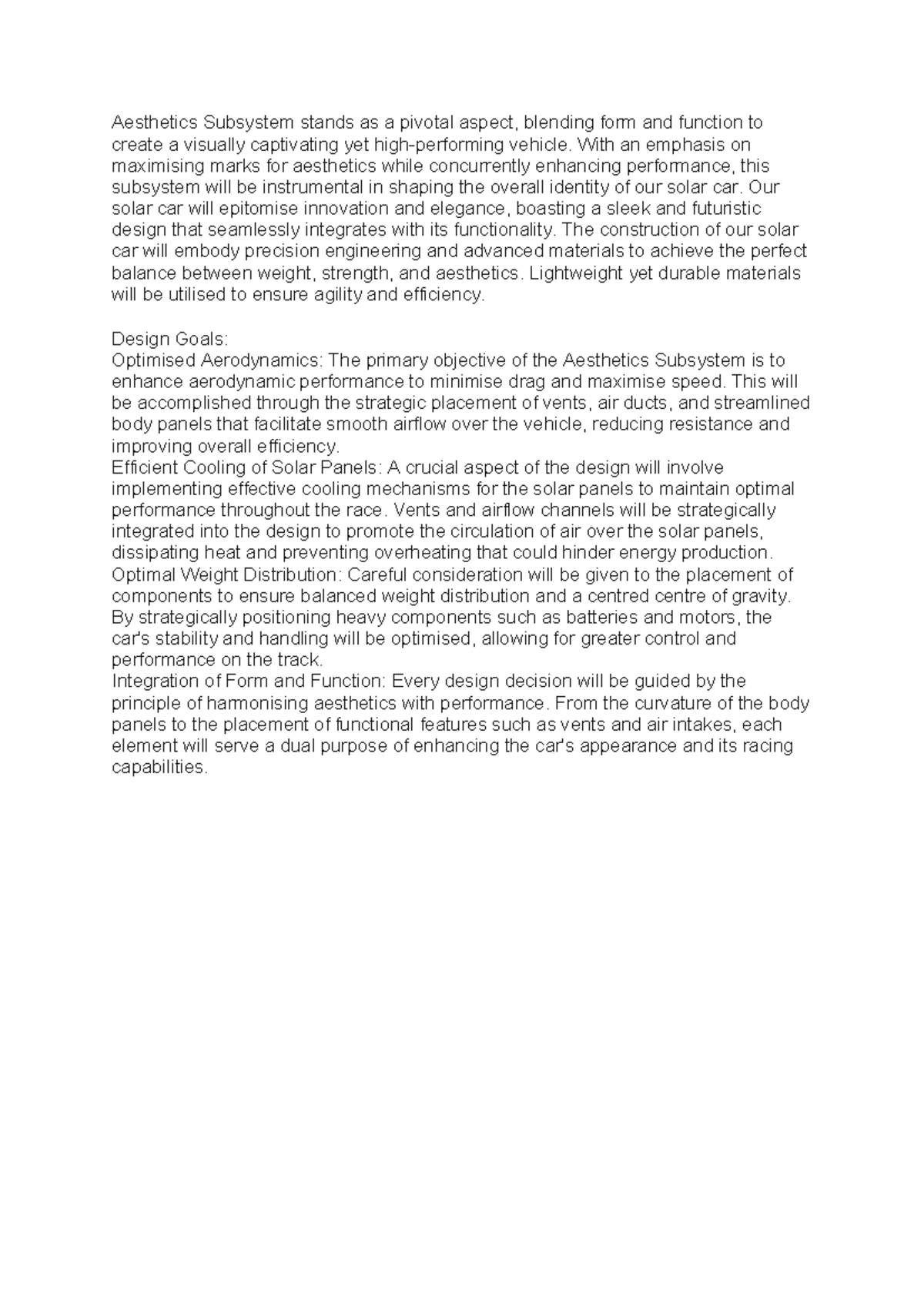 Individual project plan - Aesthetics Subsystem stands as a pivotal ...