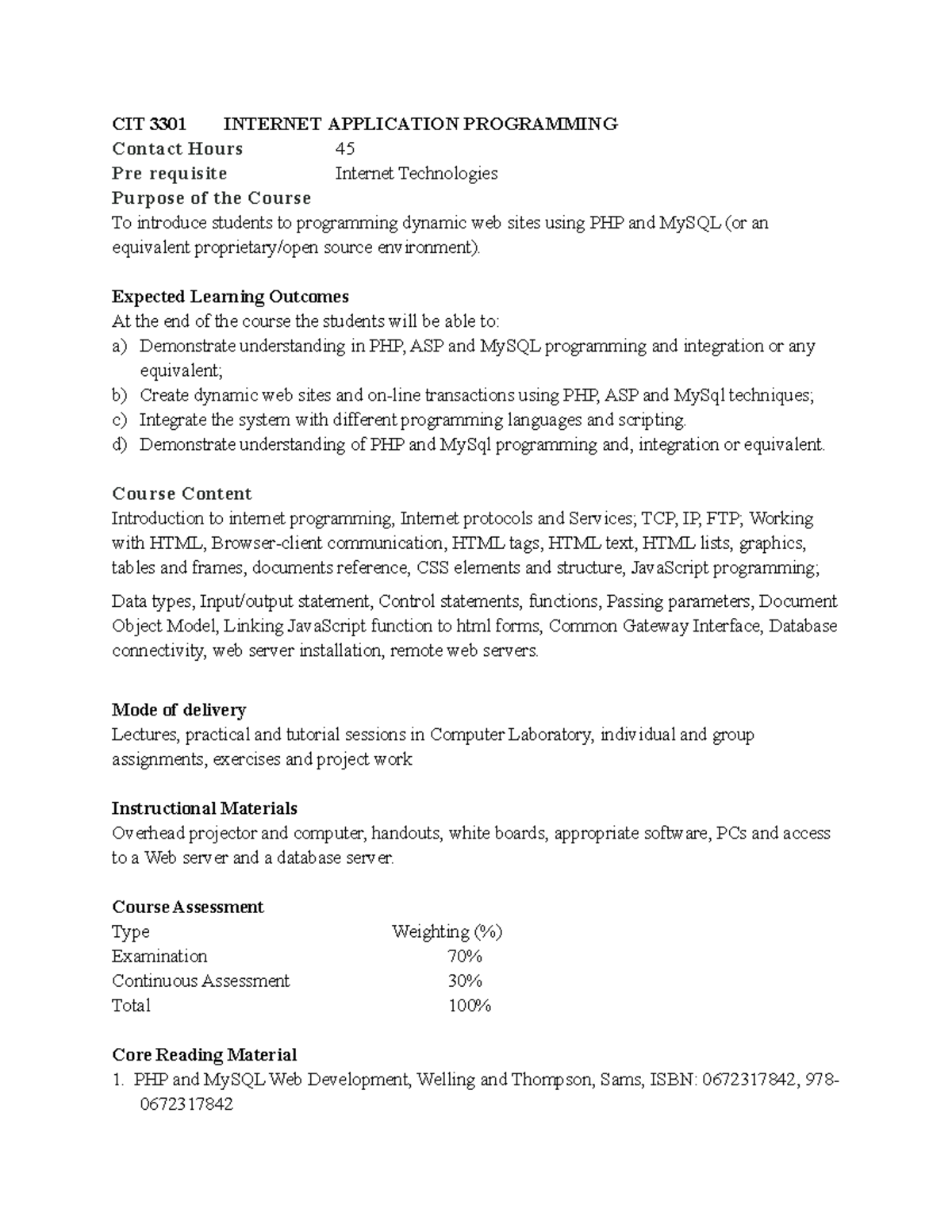 CIT 3301 Internet Application Programming Course Outline - CIT 3301 ...