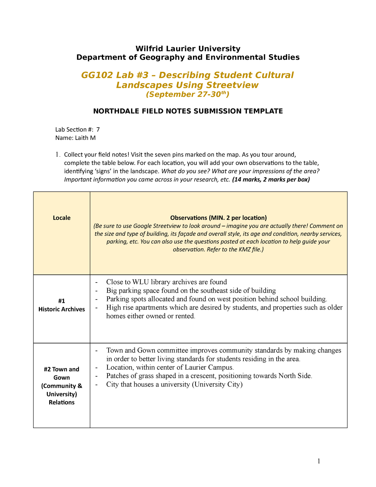 GG223 Lab #23 Submission Template - Wilfrid Laurier University Pertaining To Observation Field Notes Template