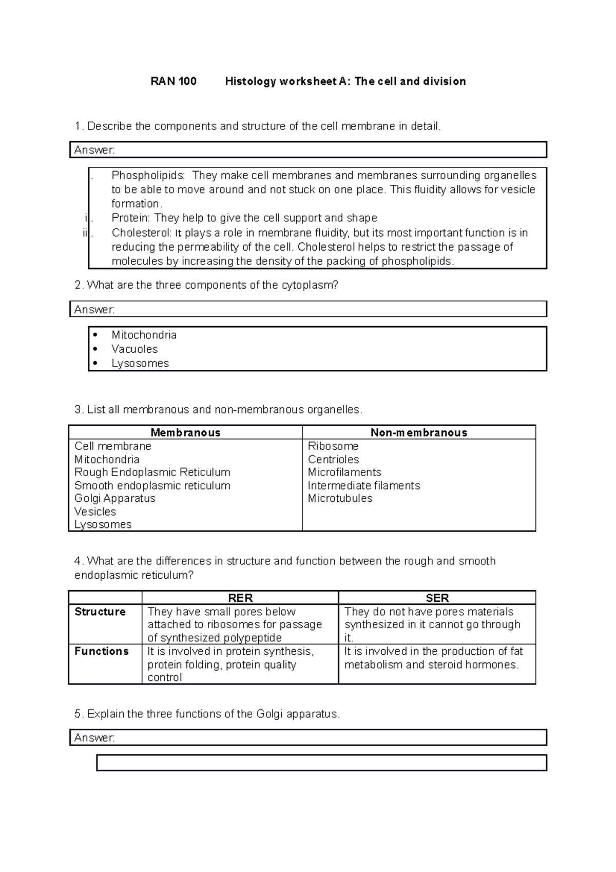 Histology worksheet A (1) N.M Answers - RAN 100 Histology worksheet A ...