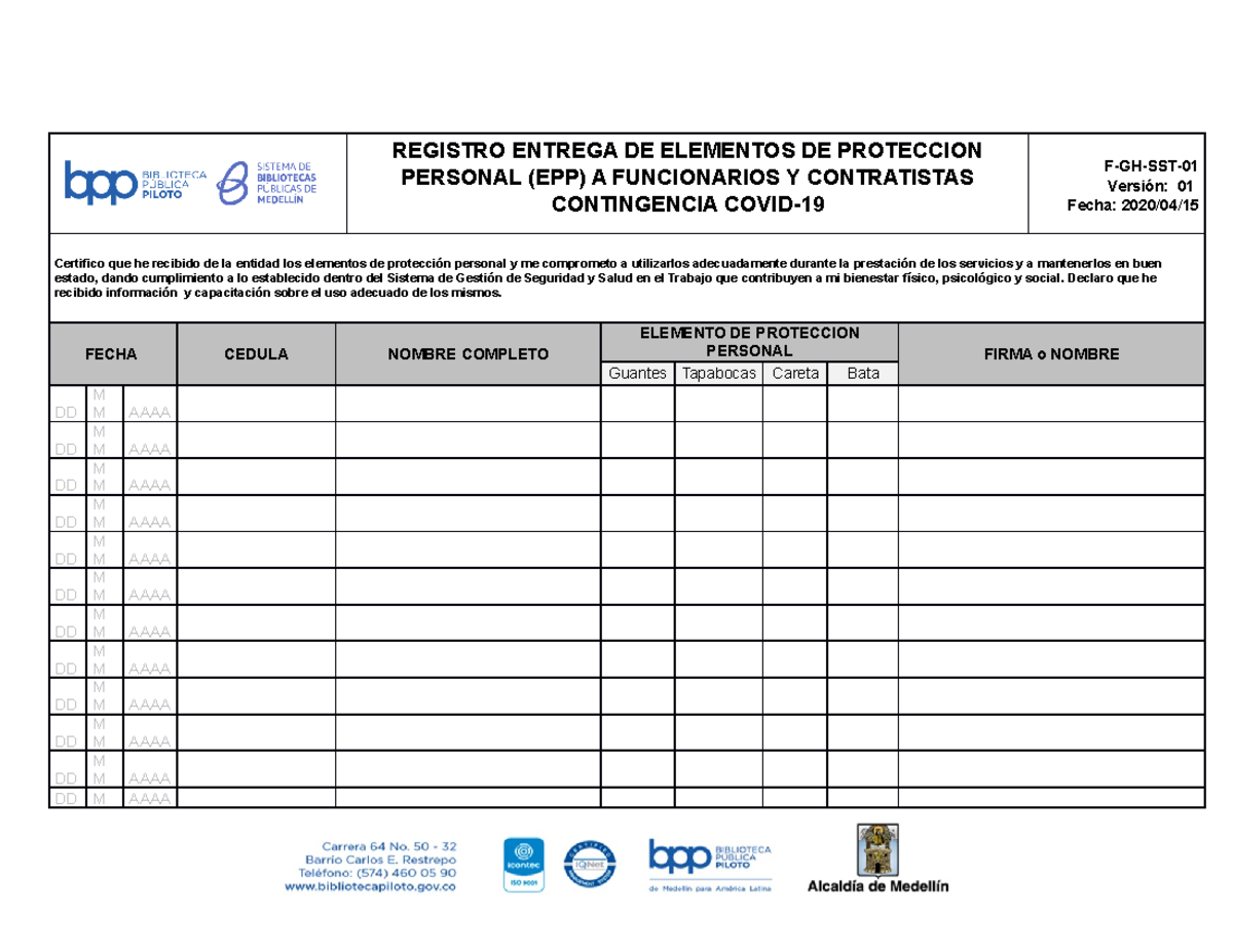 Formato Entrega Elementos De Proteccion F Gh Sst V Registro Entrega De Elementos De