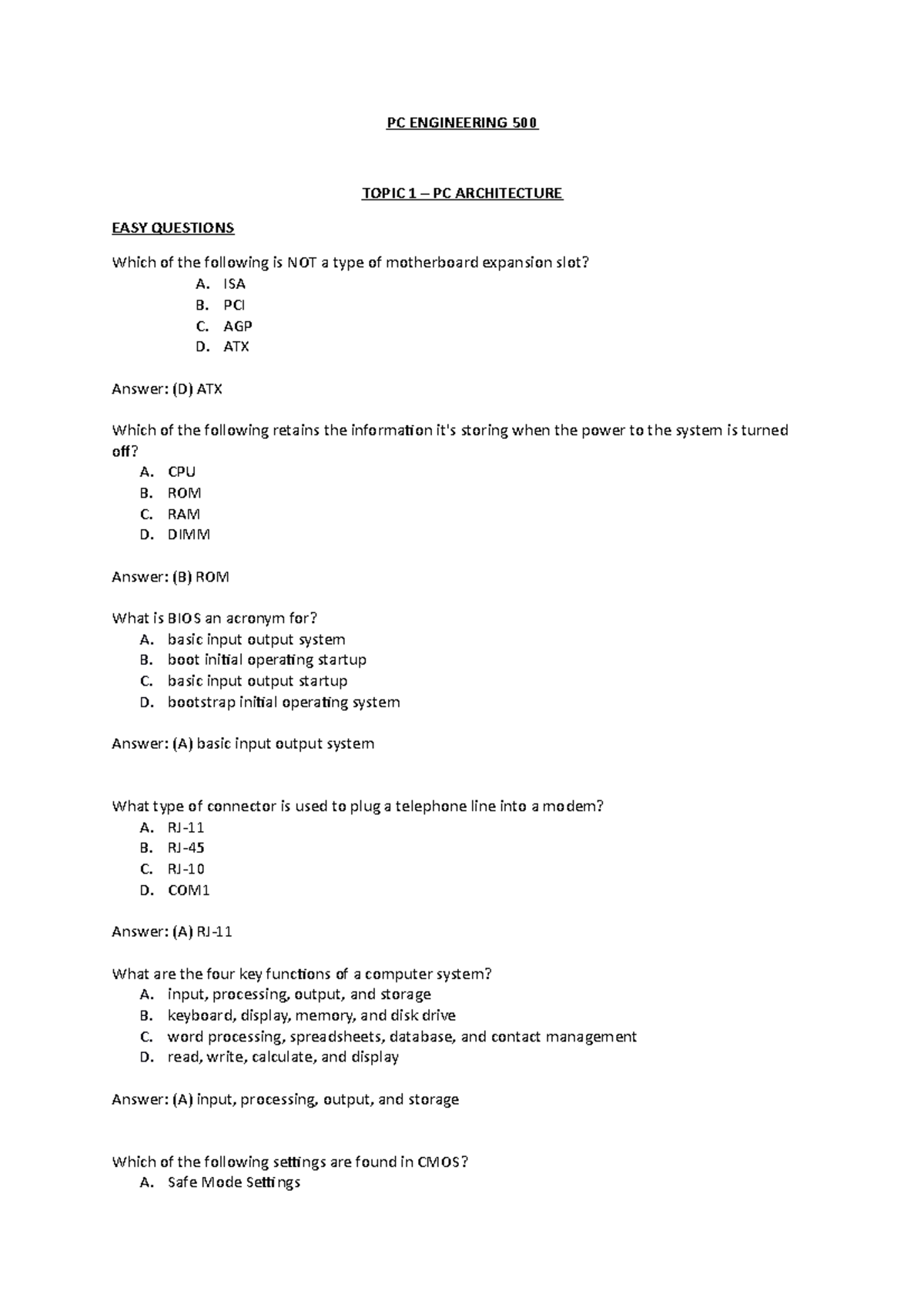 CA1 PC Engineering 500 - PC ENGINEERING 500 TOPIC 1 – PC ARCHITECTURE ...