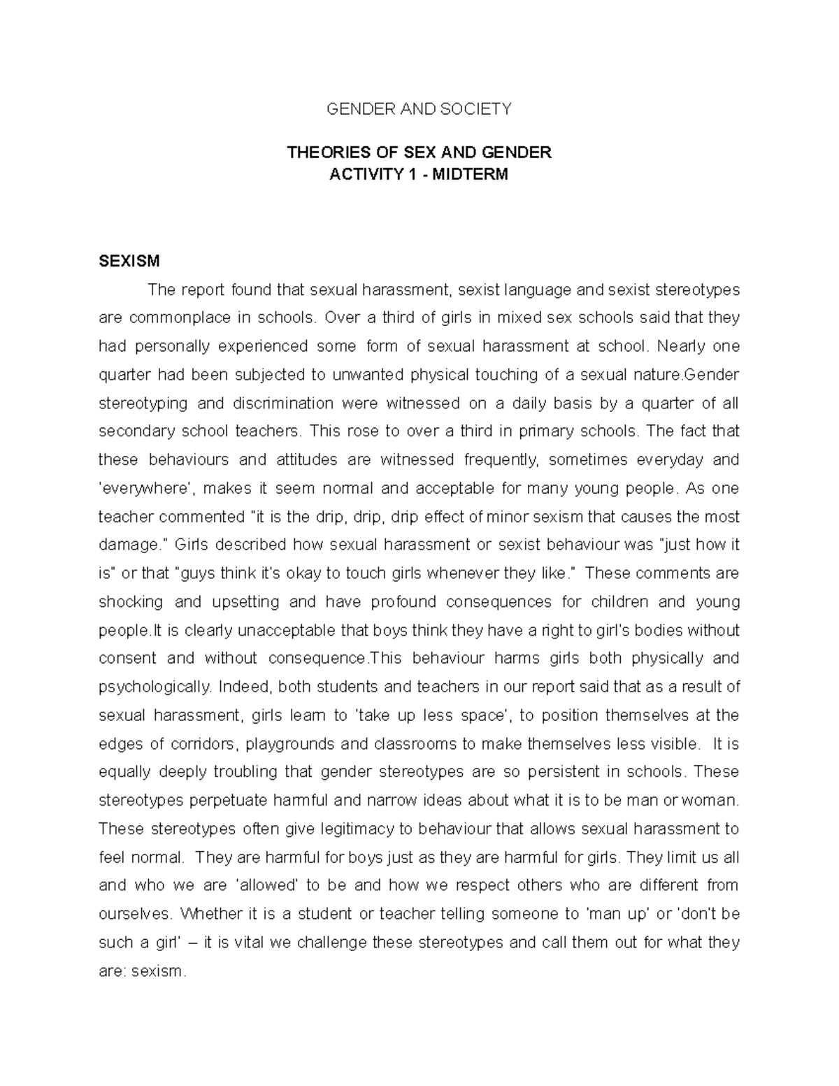 Theories Of Sex And Gender Activity 1 Midterm Gender And Society