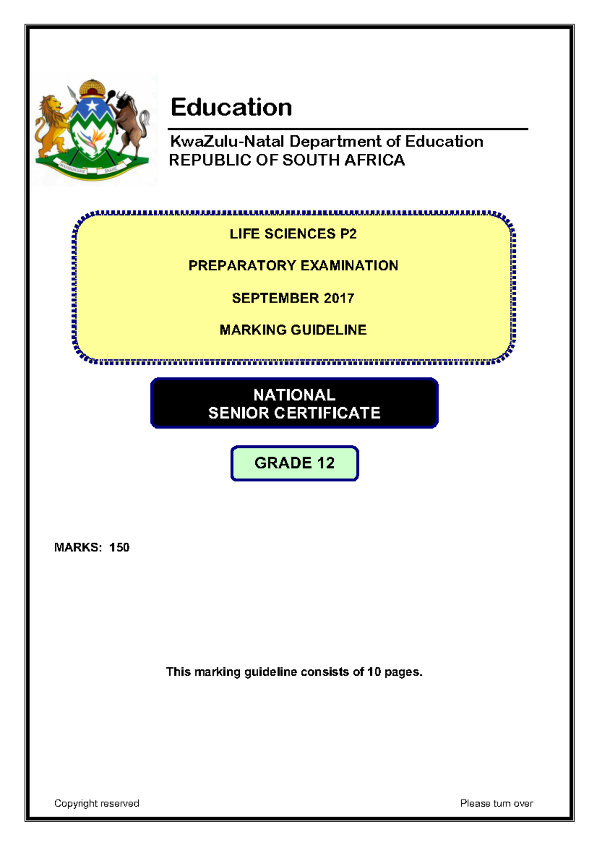 Kzn Life Sciences P Prep Memo Final Marks This Marking