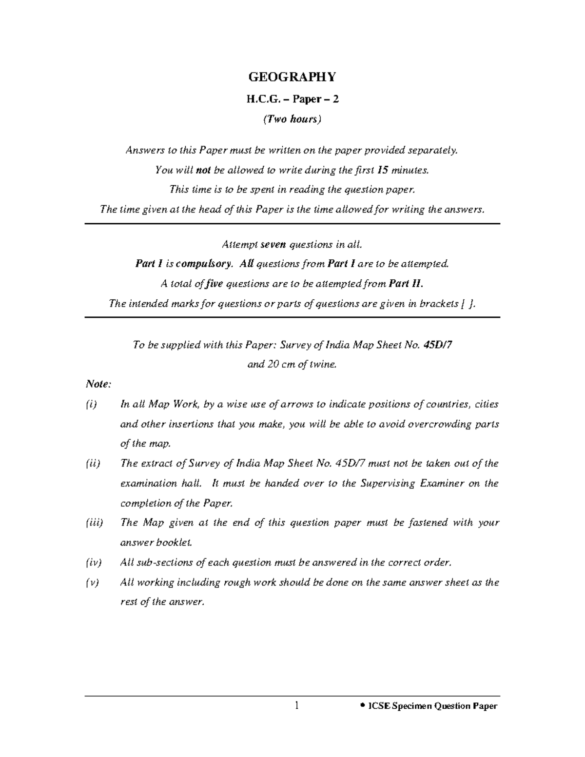 ICSE Geography Question Paper GEOGRAPHY H.C. Paper 2 (Two hours
