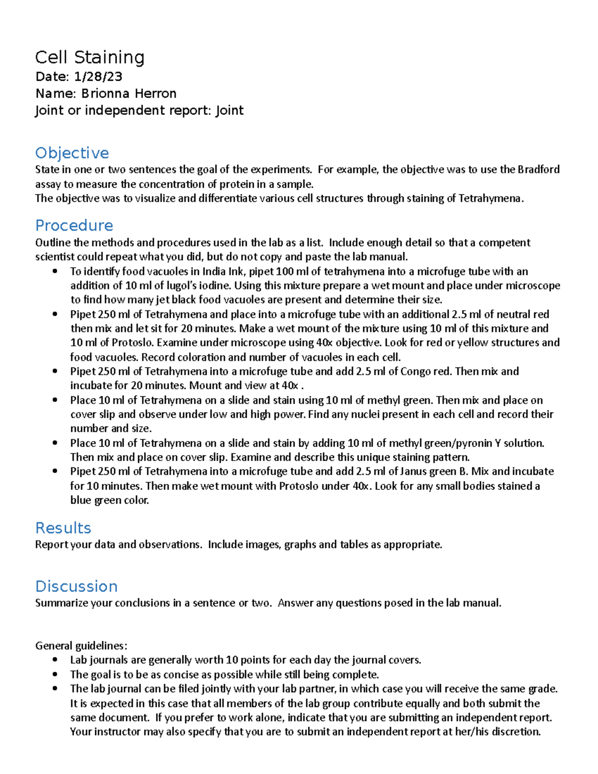 Lab report template - Cell Staining Date: 1/28/ Name: Brionna Herron ...