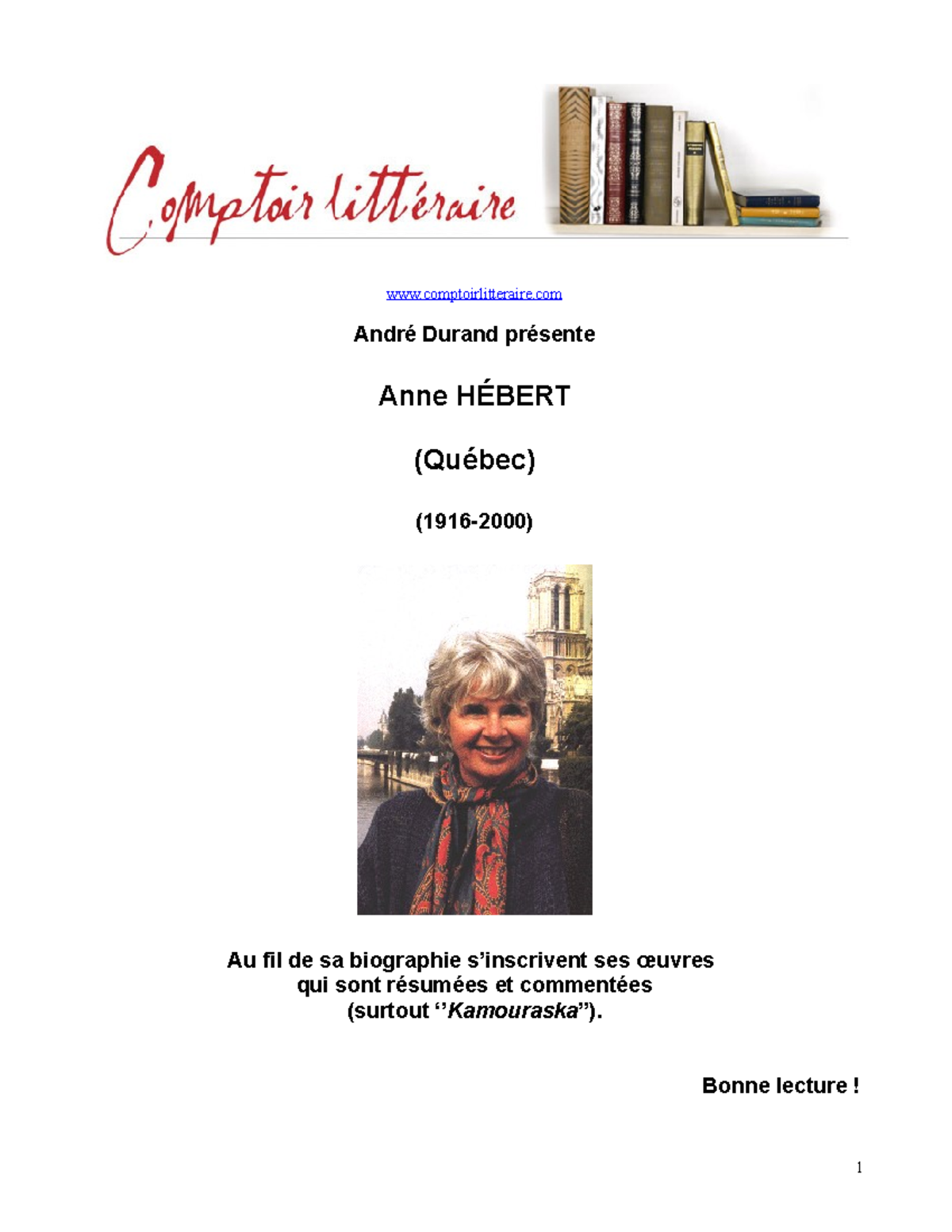 154-hebert-anne - biographie - comptoirlitteraire André Durand présente ...