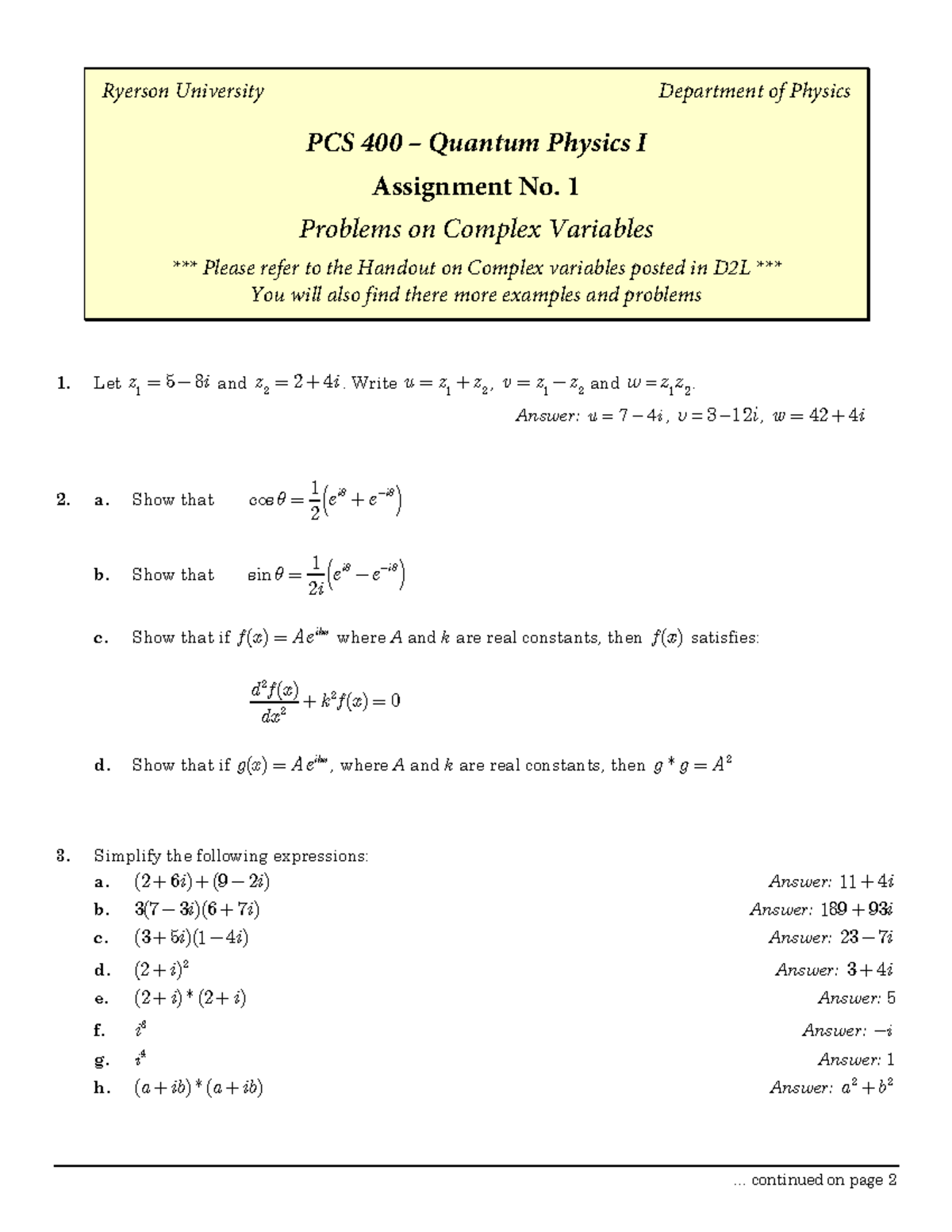 PCS400 W2017 Assignment 1 - Complex Variables - Ryerson University ...