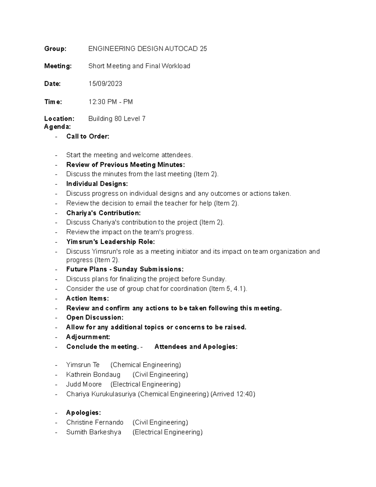 Minutes - Sept 15 - Group: ENGINEERING DESIGN AUTOCAD 25 Meeting: Short ...