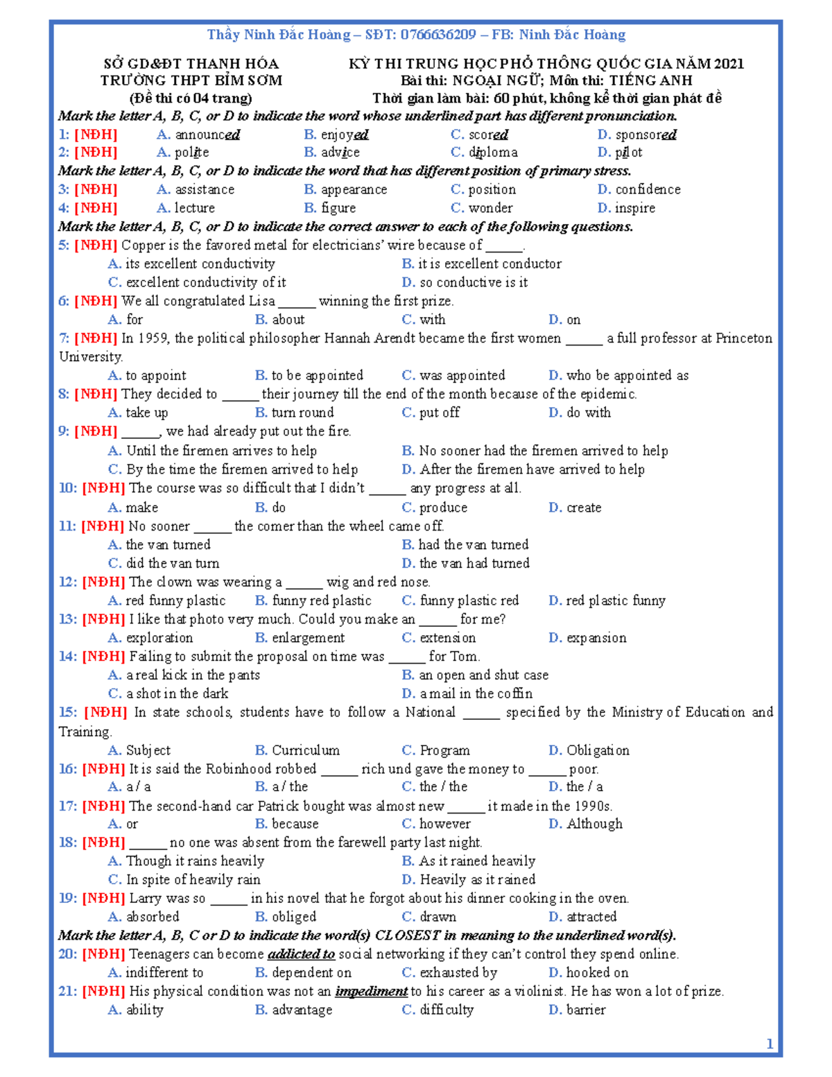 Copy Of 5. THPT Bỉm Sơn - Thanh Hóa - Lần 1 - SỞ GD&ĐT THANH HÓA KỲ THI ...