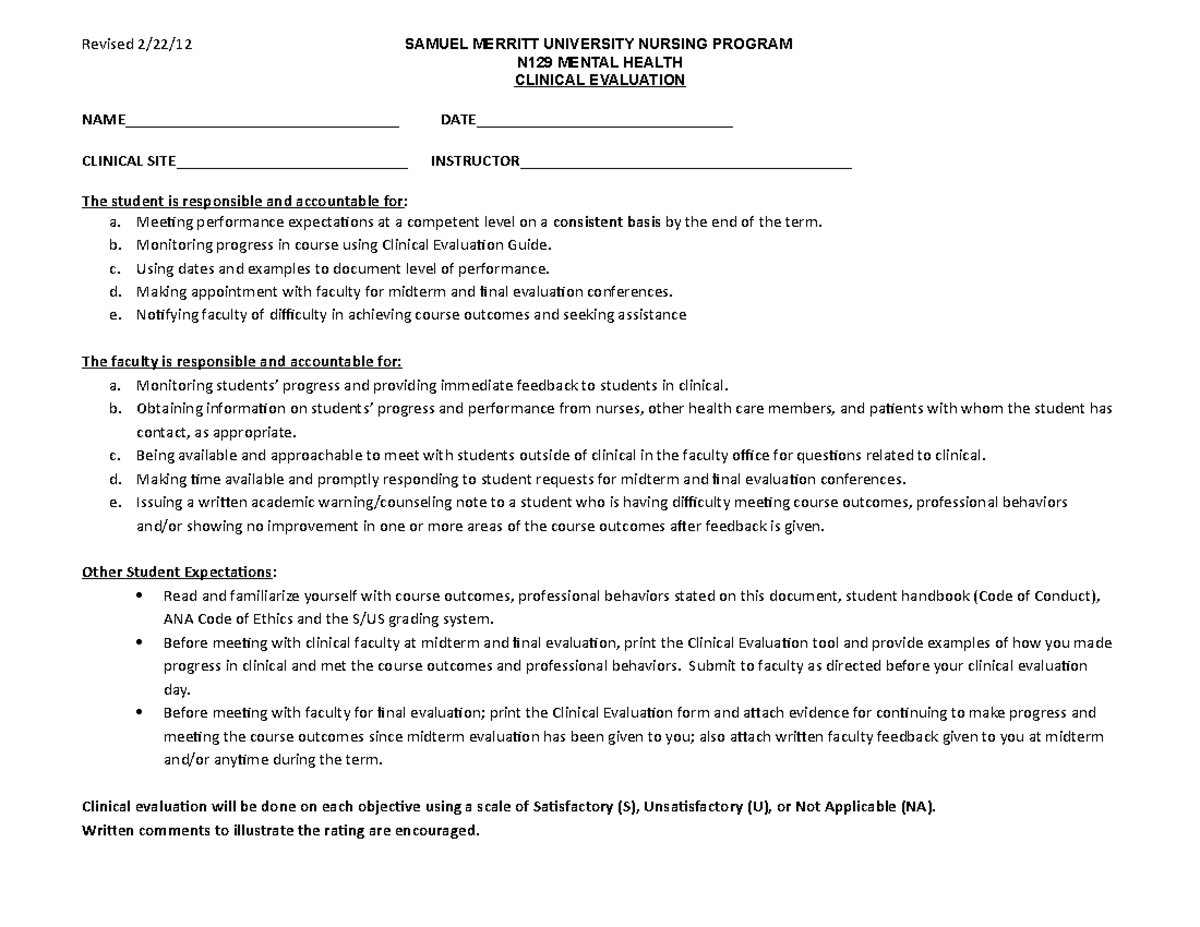 Clinical eval N129 - N129 - N129 MENTAL HEALTH CLINICAL EVALUATION ...