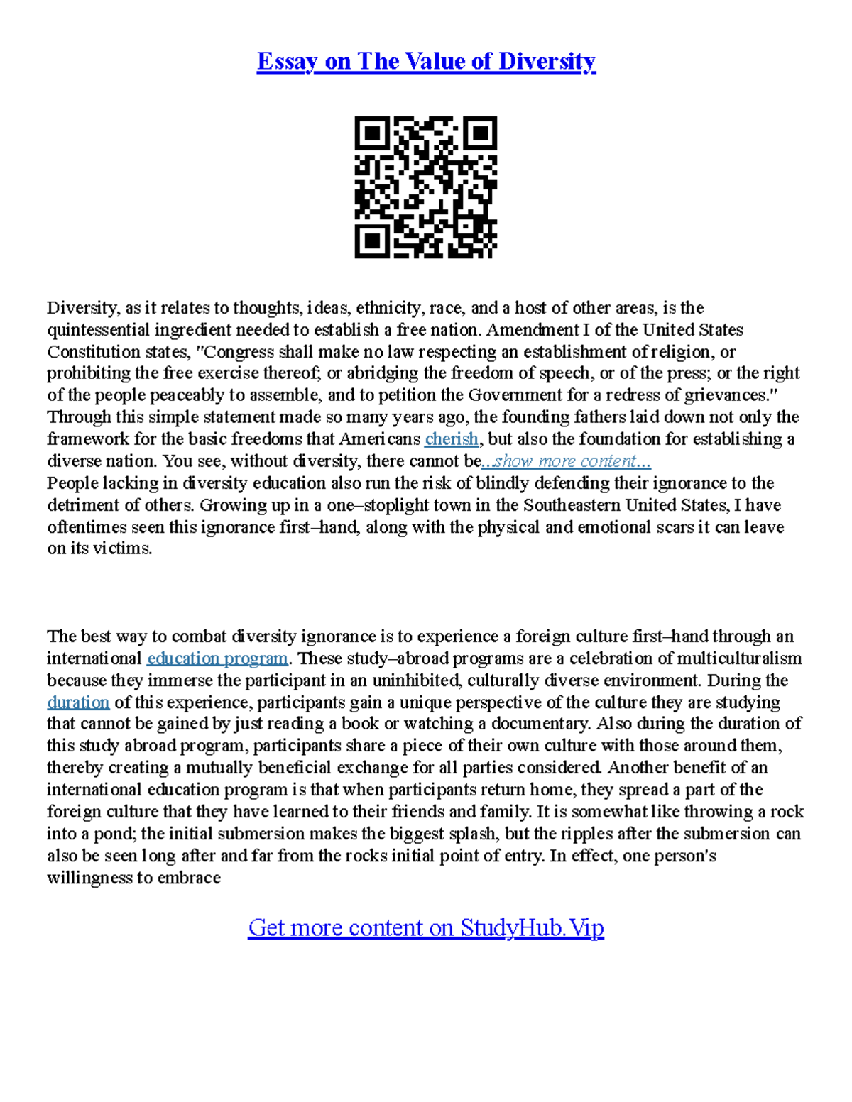 Essay On Value Essay On Value - Essay on The Value of Diversity ...
