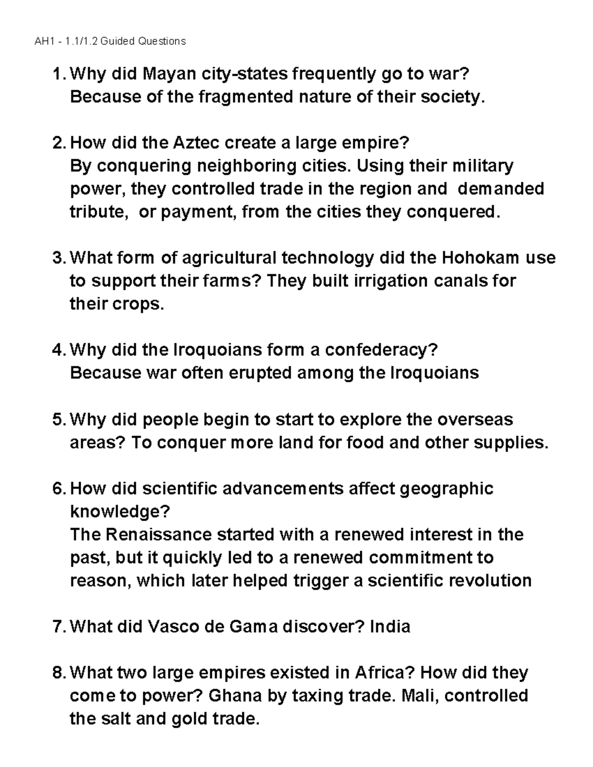 josh hammer - ah1-1 - AH1 - 1.1/1 Guided Questions 1. Why did Mayan ...