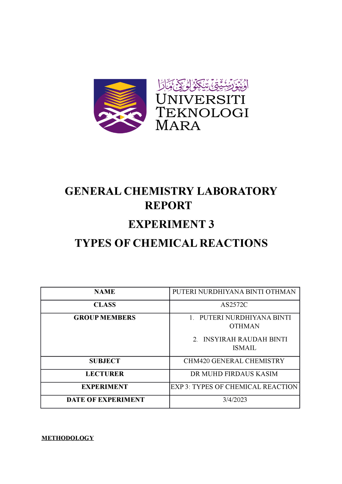 Lab 3 Chm420 2023165205 - GENERAL CHEMISTRY LABORATORY REPORT ...