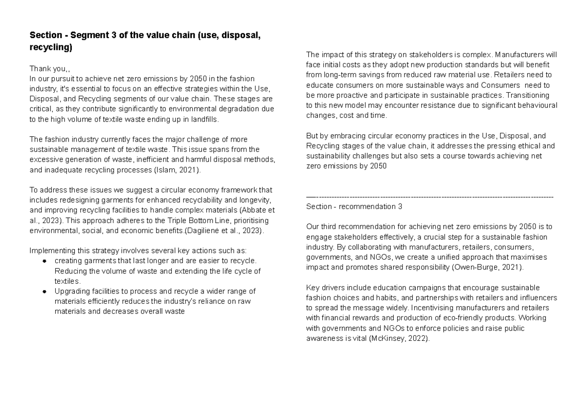 Script for Ethics - Section - Segment 3 of the value chain (use ...