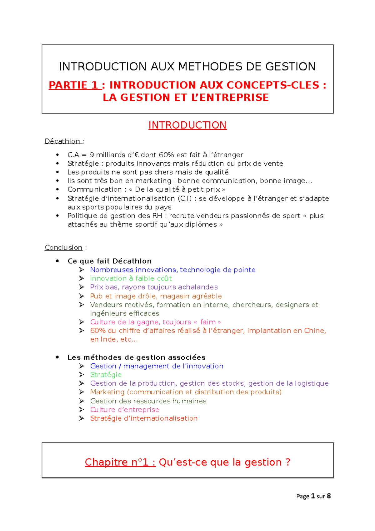 Gestion Chap 1 - Notes De Cours 1 - INTRODUCTION AUX METHODES DE ...