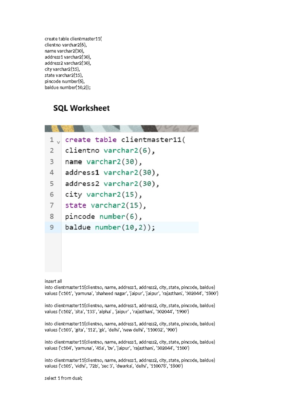 Document 1 - doc 1 - create table clientmaster11( clientno varchar2(6 ...