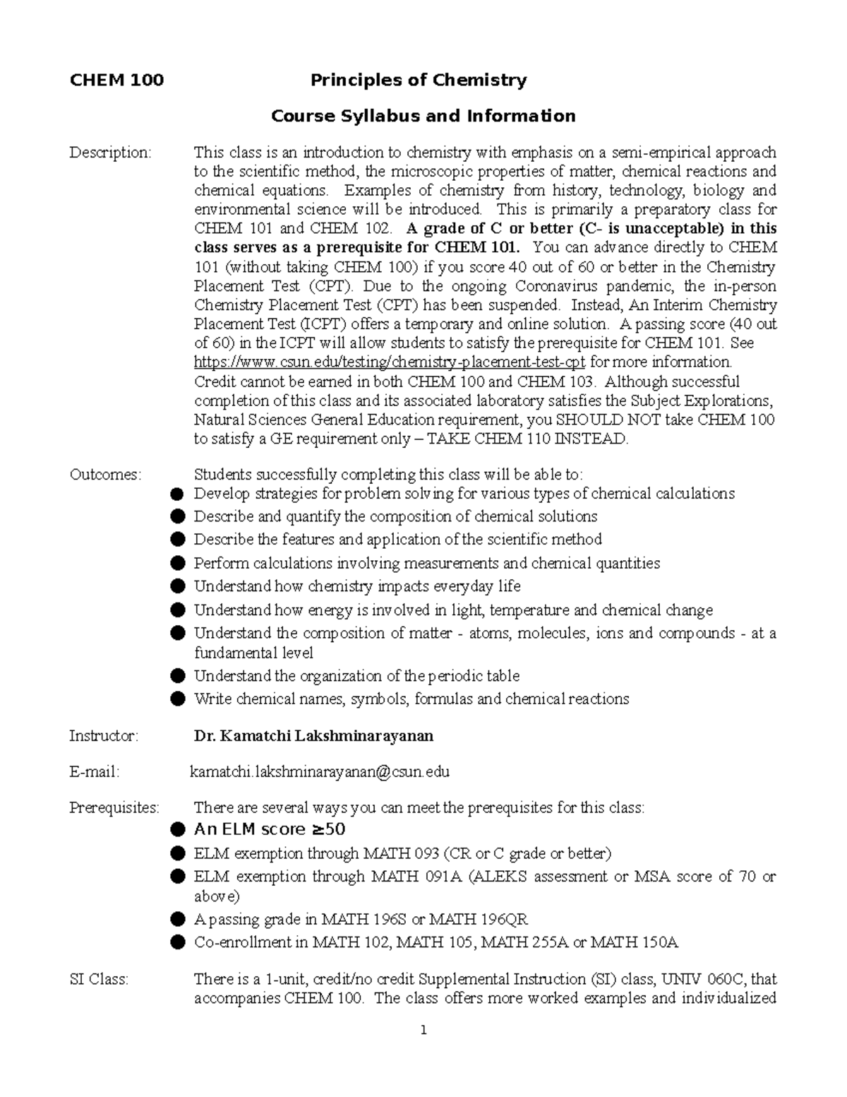 Chem 100 Syllabus CHEM 100 Principles of Chemistry Course Syllabus