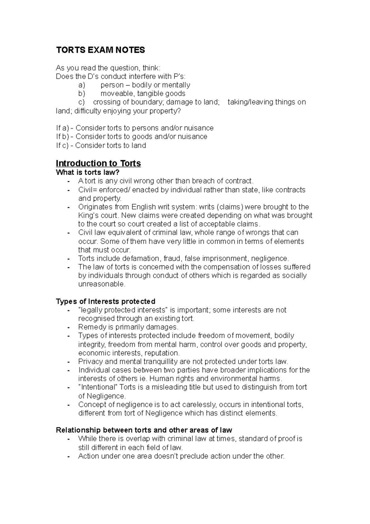Lecture notes - torts exam notes - TORTS EXAM NOTES As you read the ...