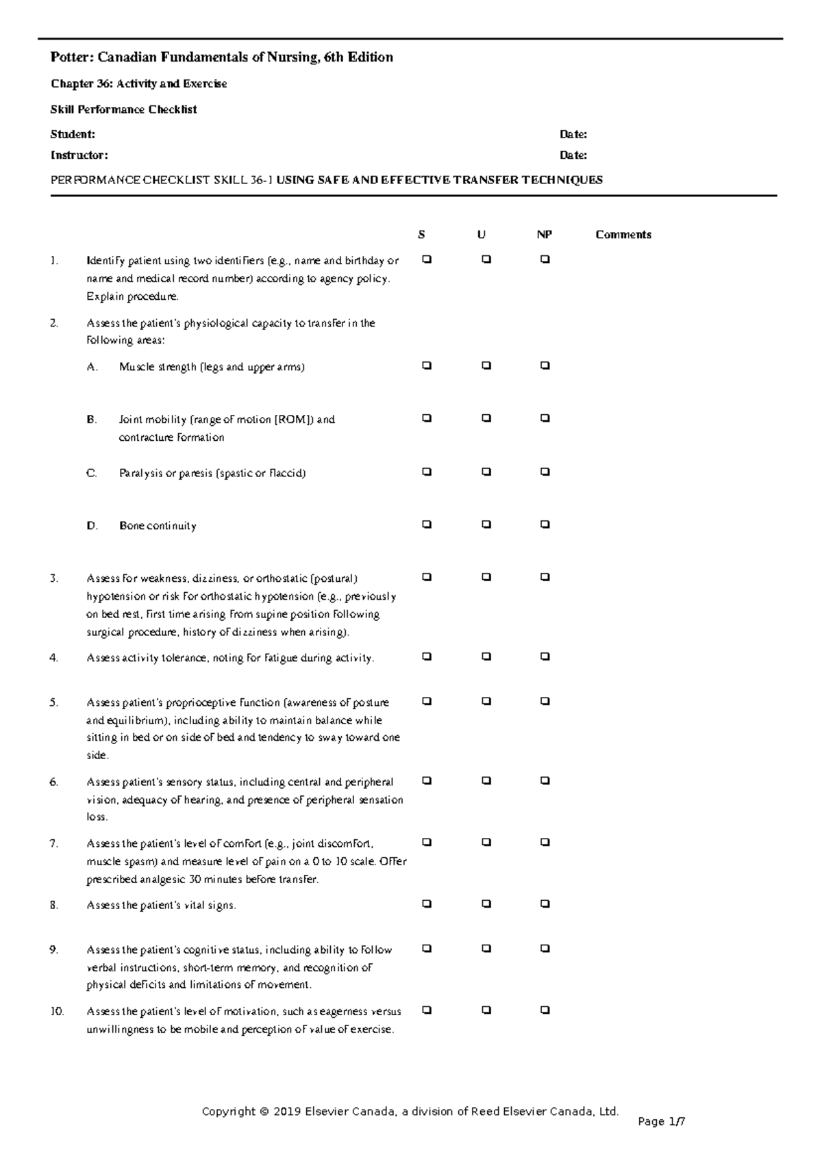 NSE211 Clinical Practice Practical Skills Checklist 36-1 - Potter ...