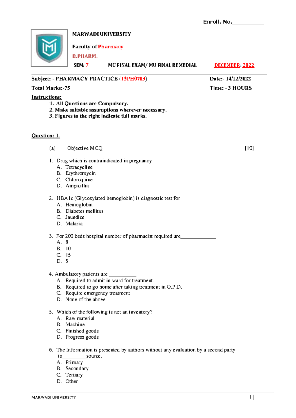 PPR - Syllabus - MARWADI UNIVERSITY Faculty of Pharmacy B. SEM: 7 MU ...