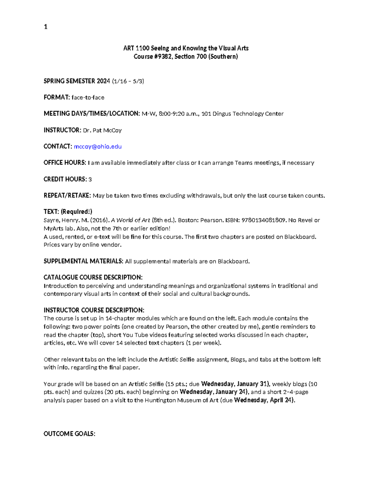 Spring 2024 syllabus first week ART 1100 Seeing and Knowing the