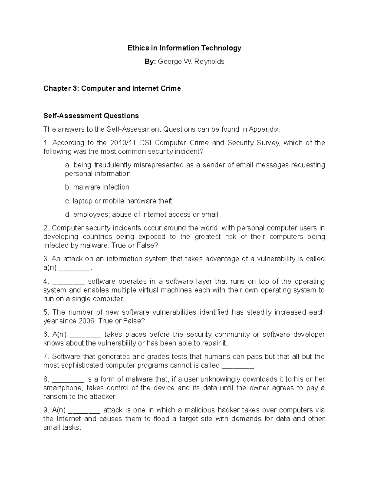 Self-Assessment and Discussion Questions Chapter 3 Computer and ...