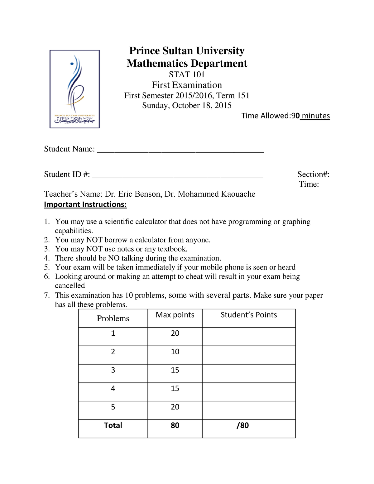Exam major ex 1 Prince Sultan University Mathematics Department STAT