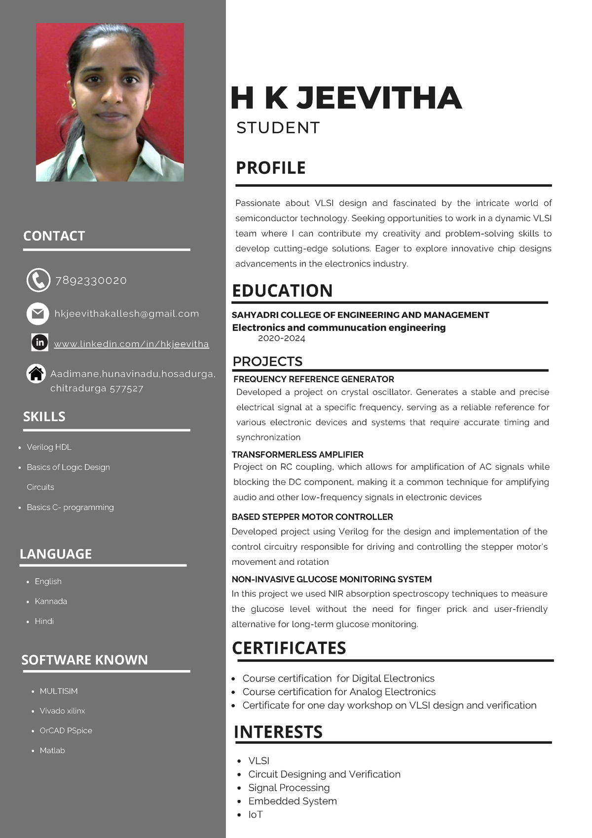 Resume of the user - H K JEEVITHA STUDENT PROFILE Passionate about VLSI ...