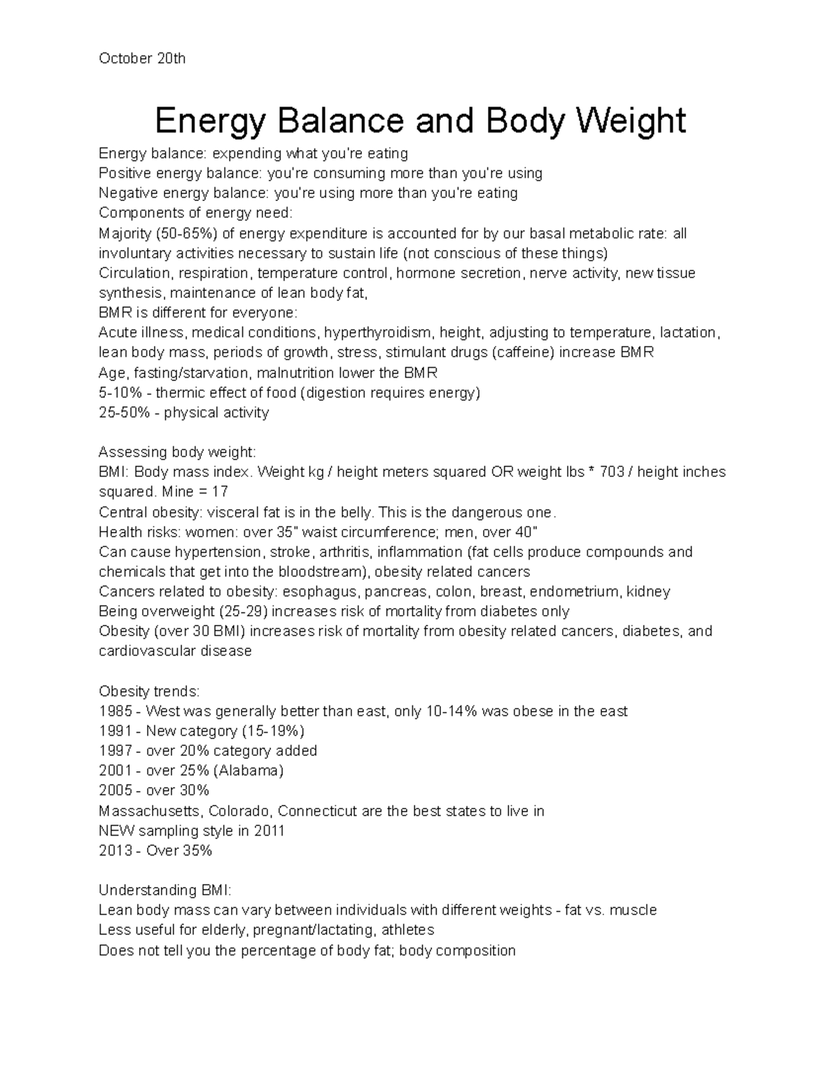 Energy Balance And Body Weight Lecture - October 20th Energy Balance ...