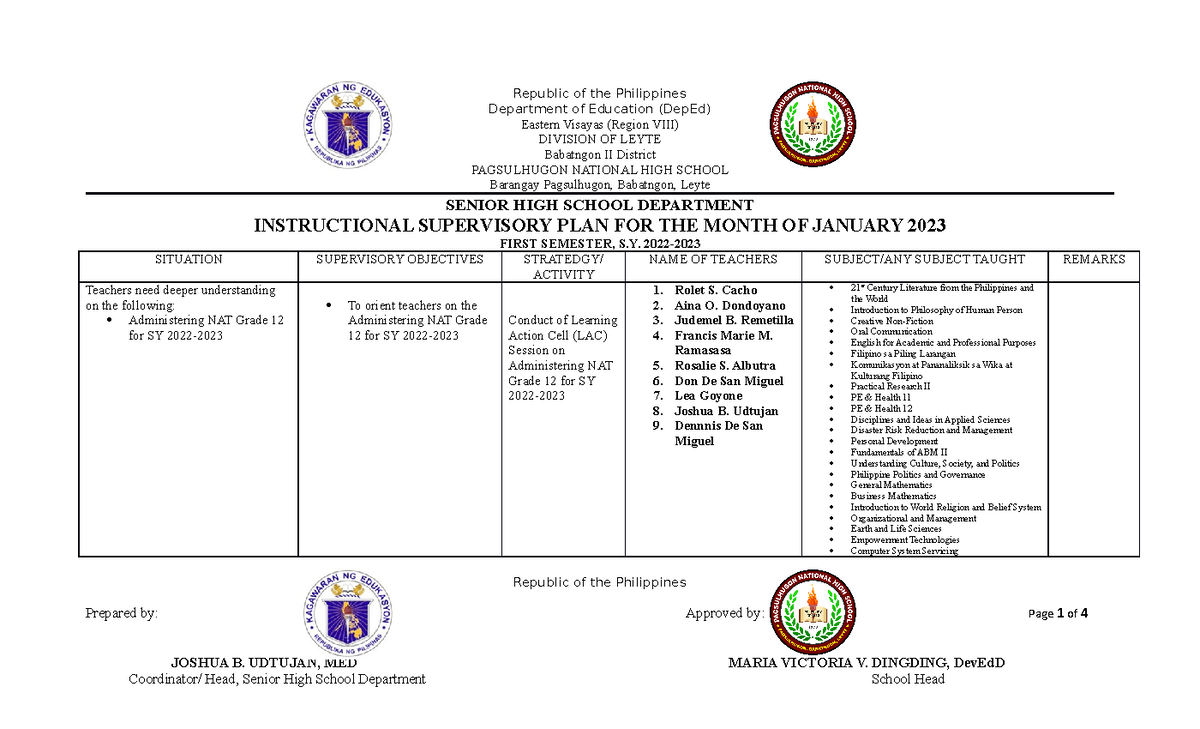 626656442 Instructional Supervisory Plan For The Month Of January 2023 Republic Of The 4539