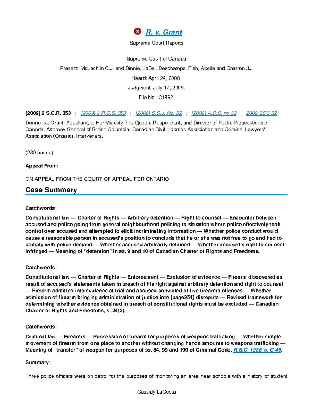 R. v. Grant Case LAW Criminal R. v. Grant Supreme Court Reports