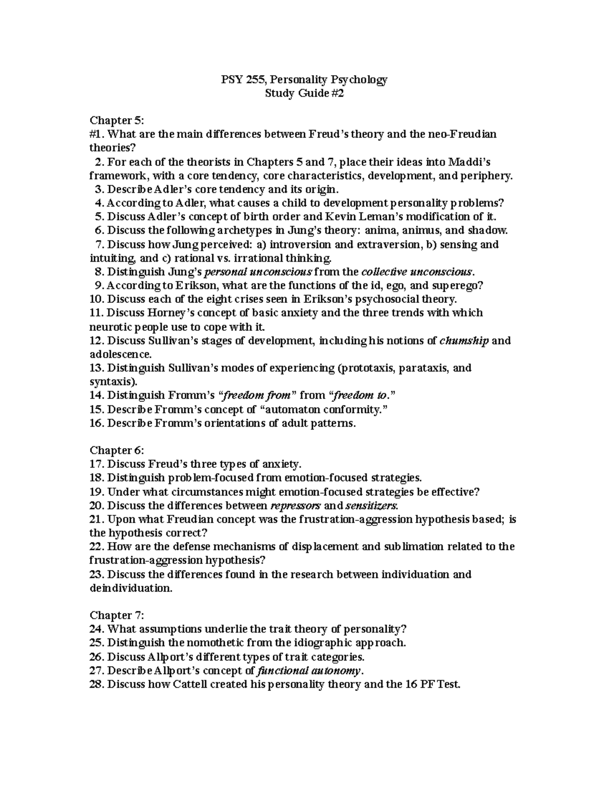 PSY 255, Study Guide #2, Fall, 2022 - PSY 255, Personality Psychology ...