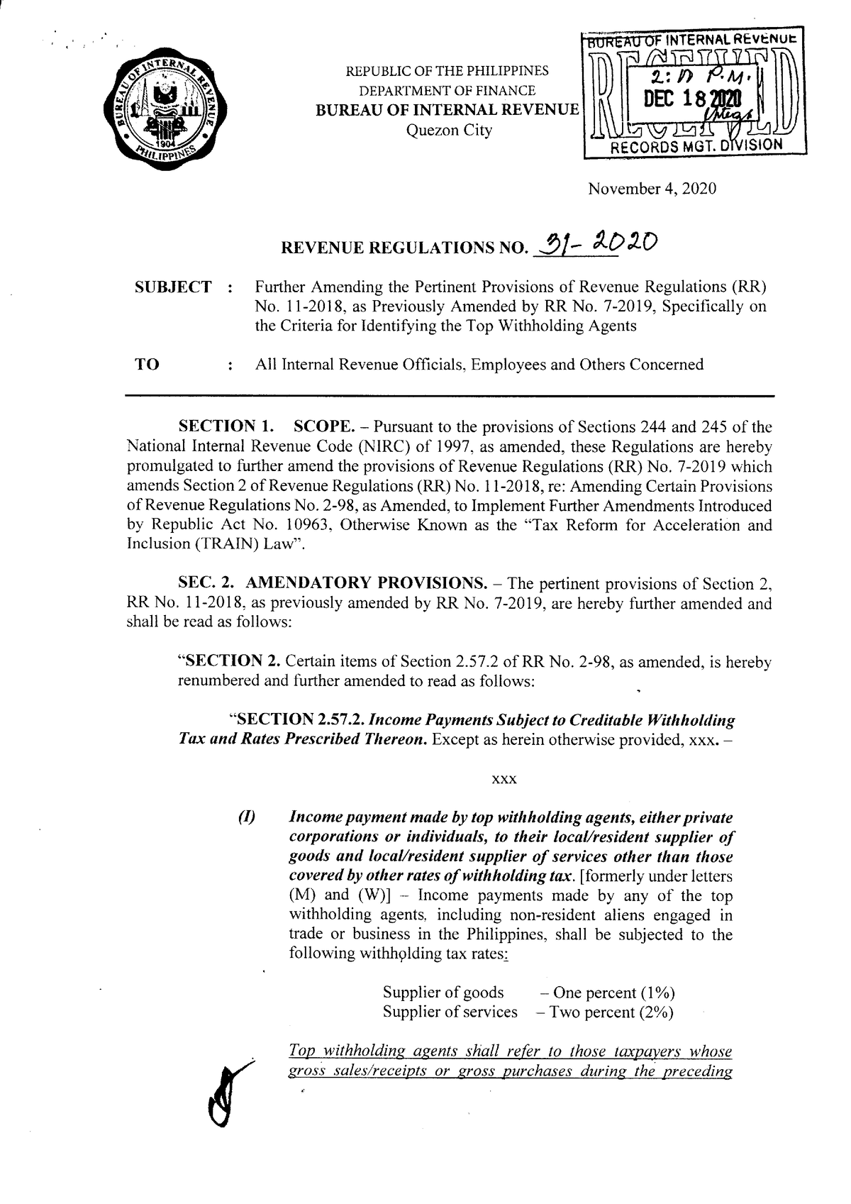 RR No. 31-2020 - Revenue Regulations No. 31-2020 - REPUBLIC OF THE ...