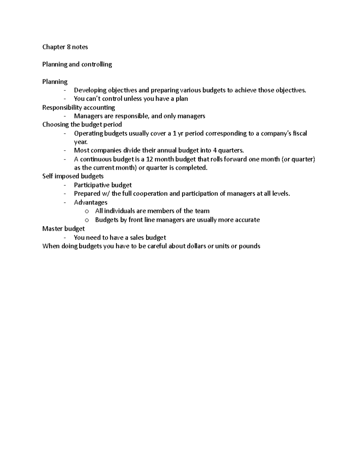 Chapter 8 notes - Chapter 8 notes Planning and controlling Planning ...