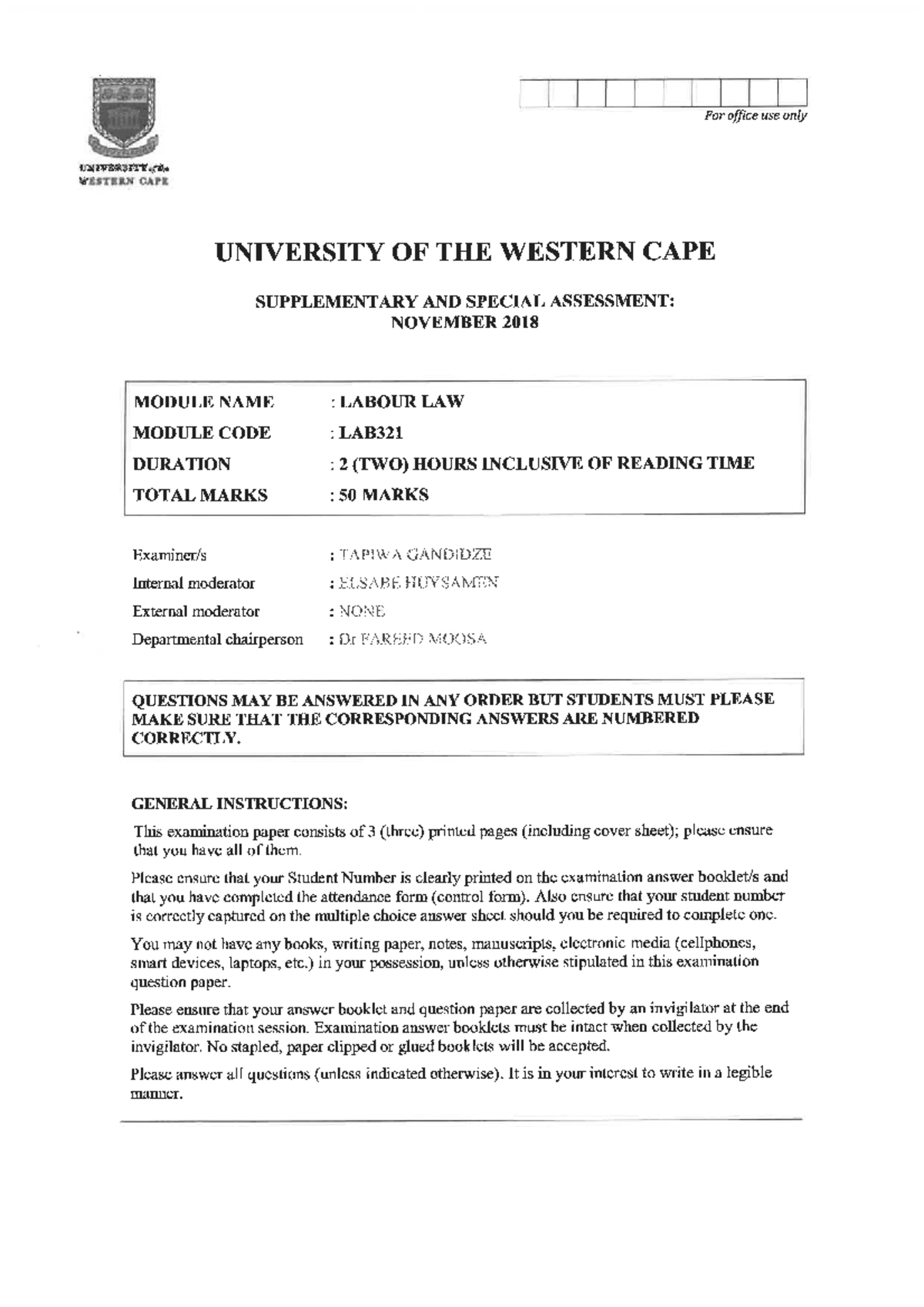 LAB321 2018 11 SU SP - Previous exam paper to practice and prepare for ...