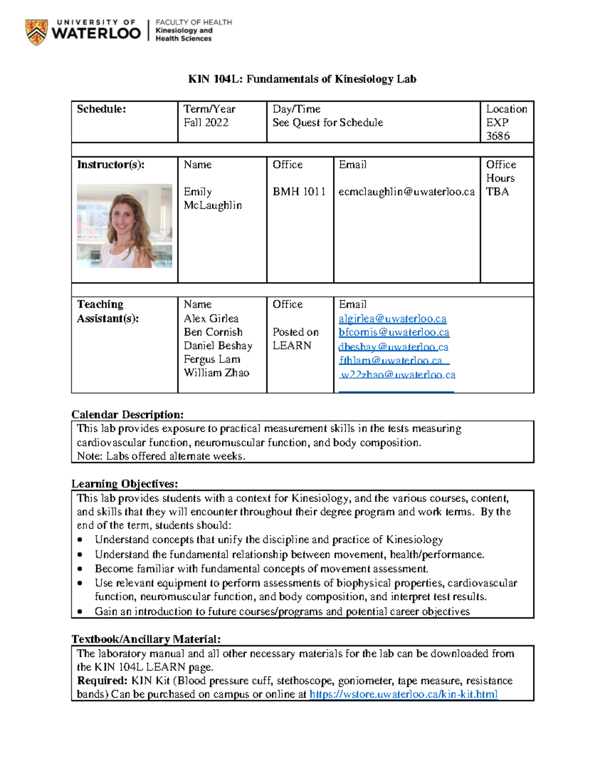 KIN 104L Syllabus F22 - KIN 104L: Fundamentals of Kinesiology Lab ...
