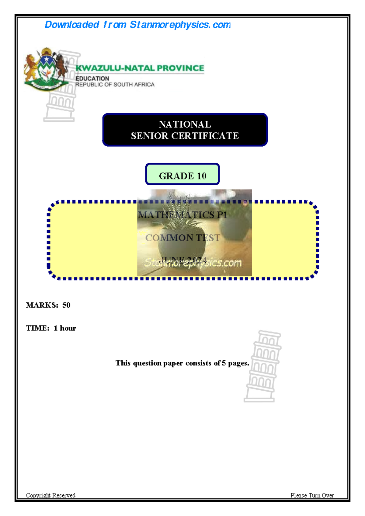 KZN Maths Grade 10 June 2024 P1 and Memo MARKS 50 TIME 1 hour This