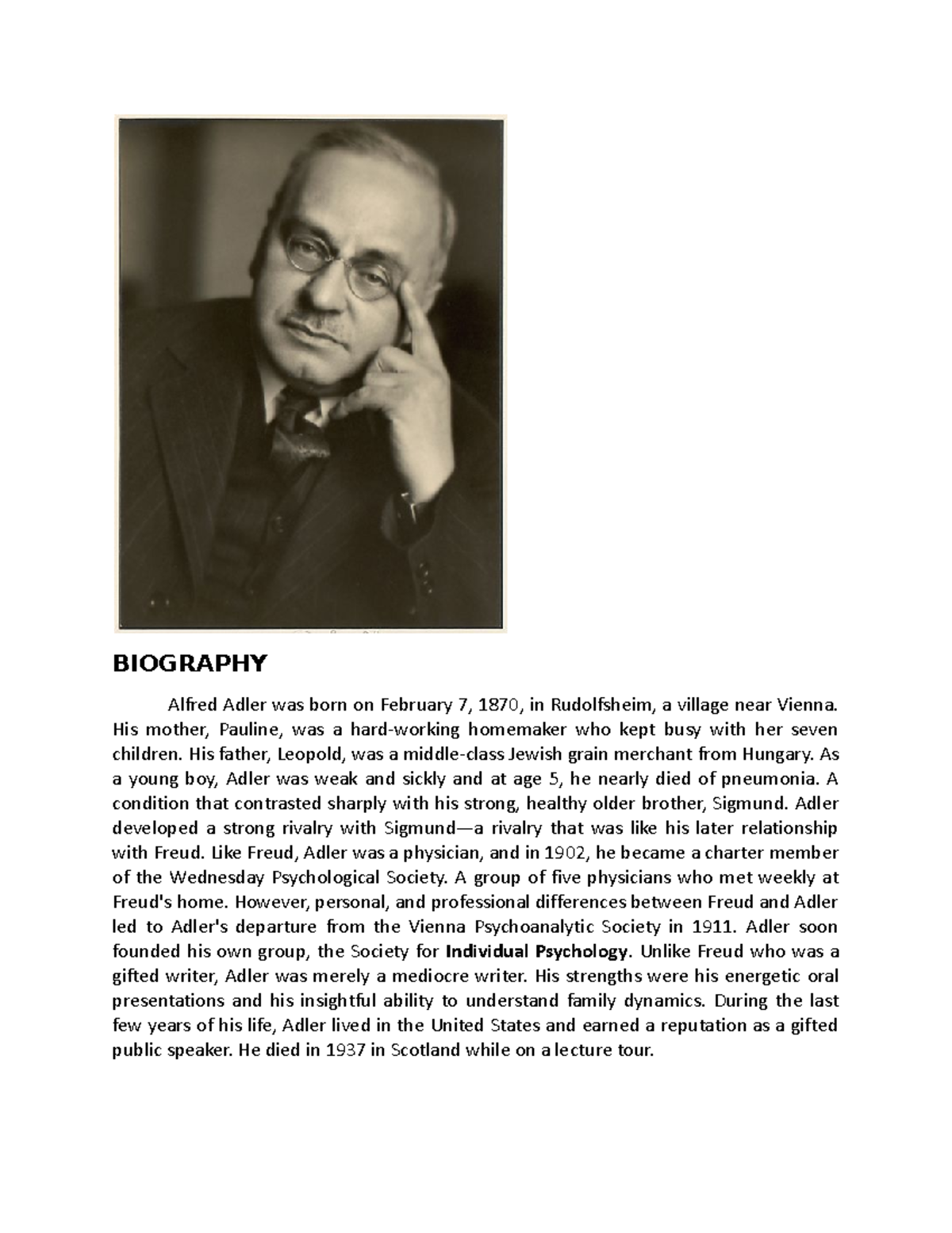 Adlerr - essay - BIOGRAPHY Alfred Adler was born on February 7, 1870 ...