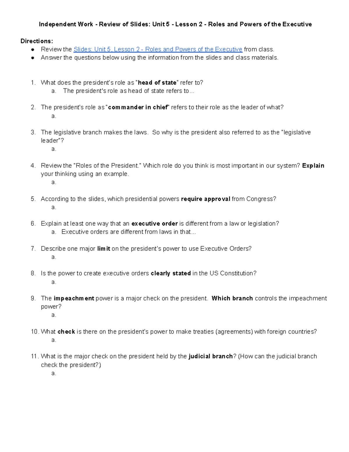 Independent Work - Review of Slides Unit 5 - Lesson 2 - Roles and ...