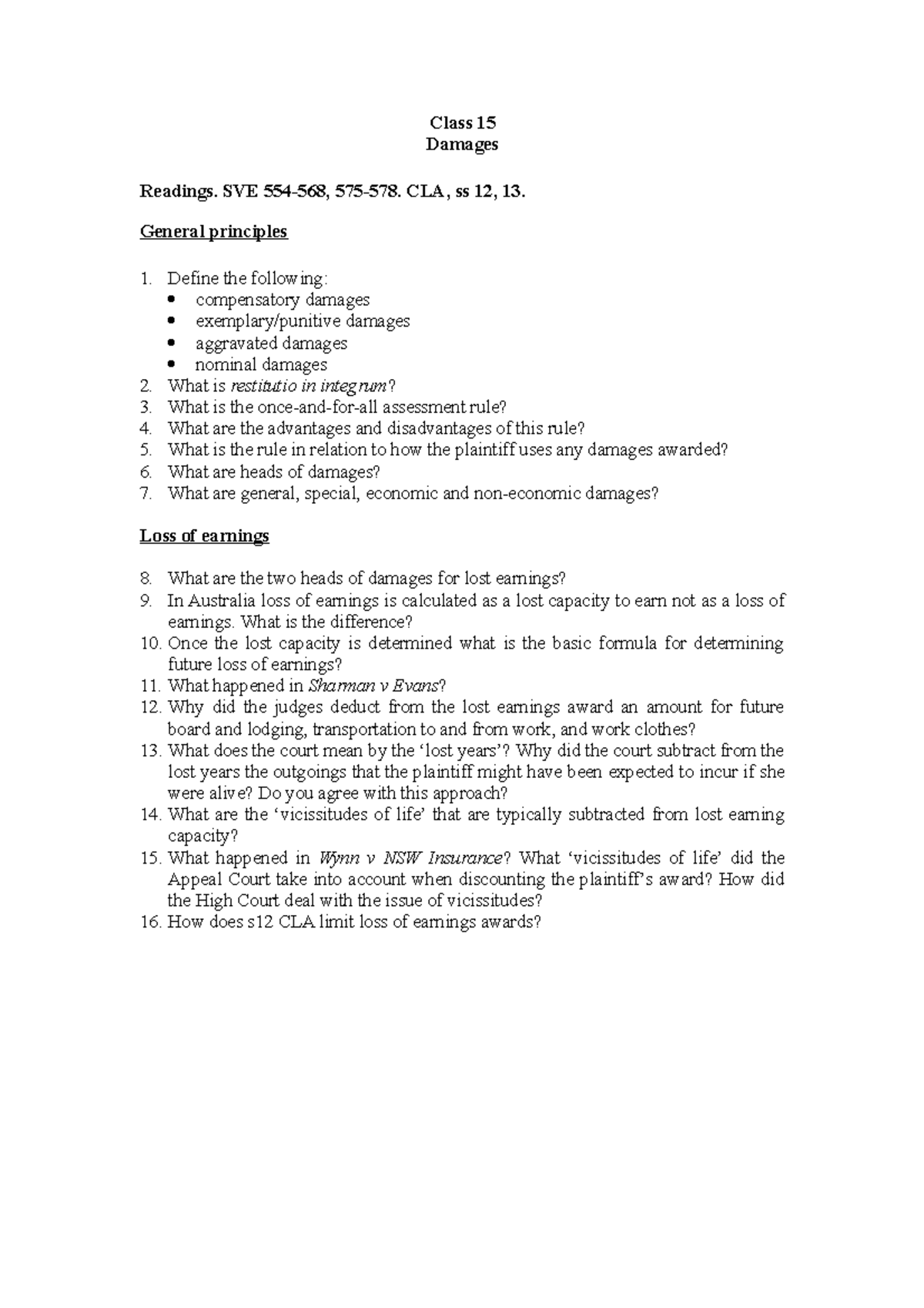 Class 15. Damages - Torts 1061 class 15 - Class 15 Damages Readings ...