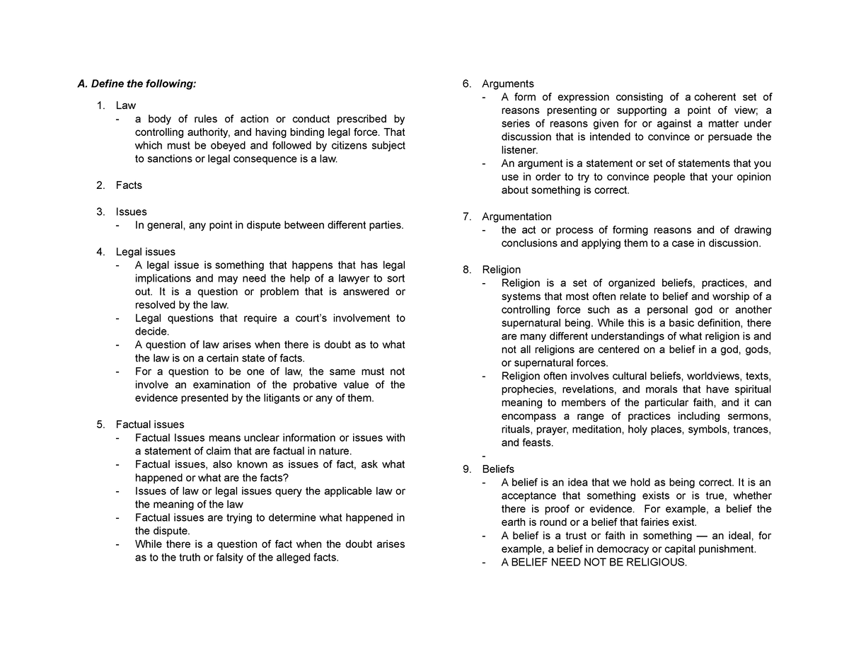 Assignment Regarding The Basic Concepts Of Law - A. Define The ...