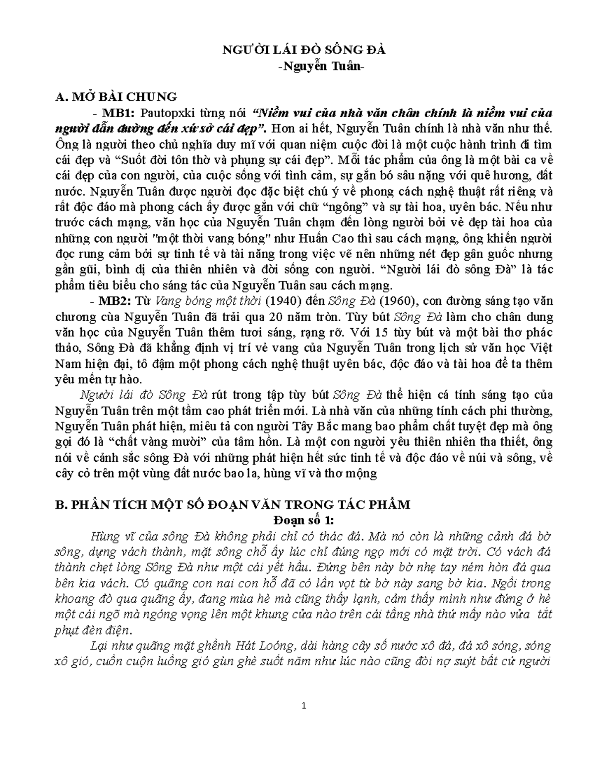 NGƯỜI LÁI ĐÒ SÔNG ĐÀ - Văn học ng lái đò - NGƯỜI LÁI ĐÒ SÔNG ĐÀ -Nguyễn Tuân- A. MỞ BÀI CHUNG - MB1: - Studocu