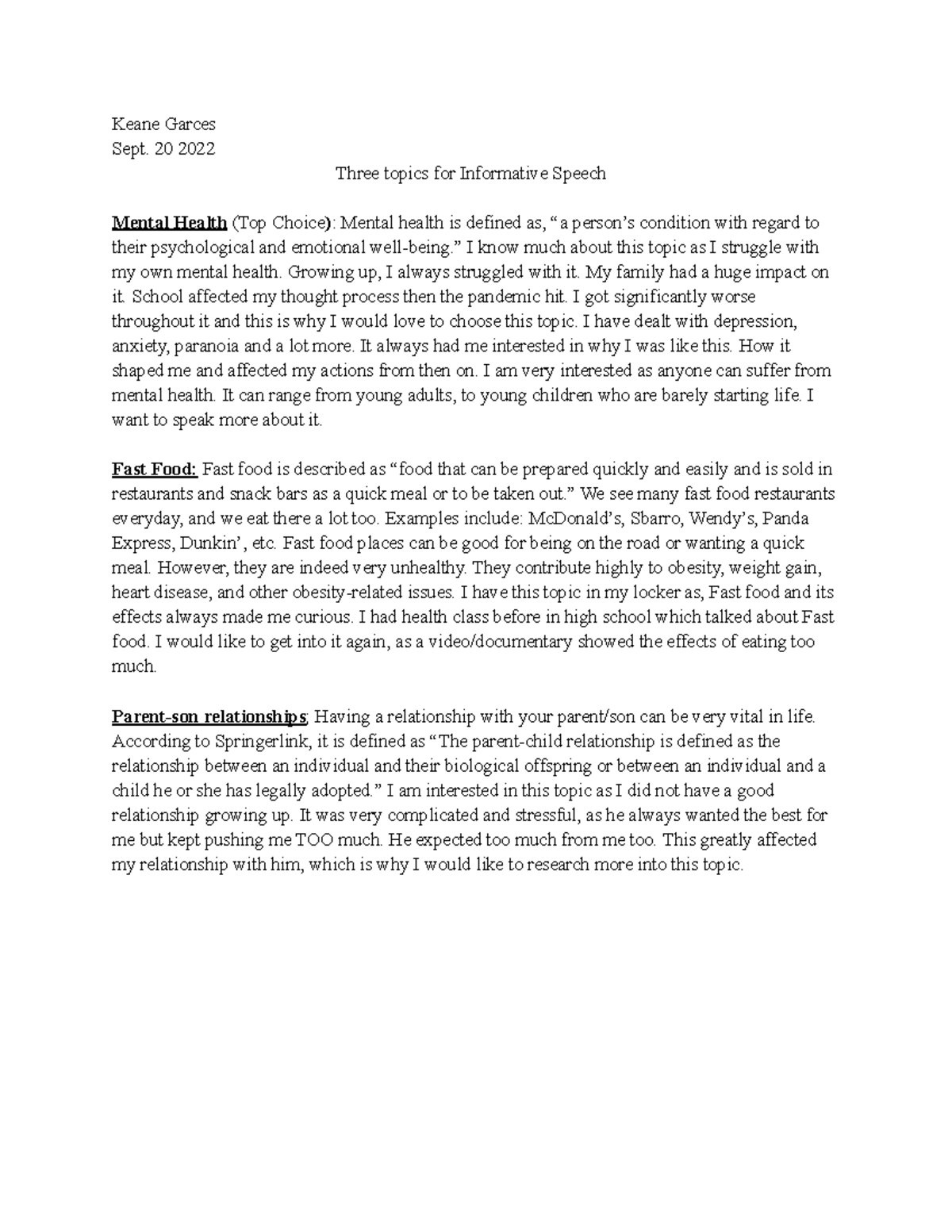 Three topics for informative speech keane garces sept 20 2022 three