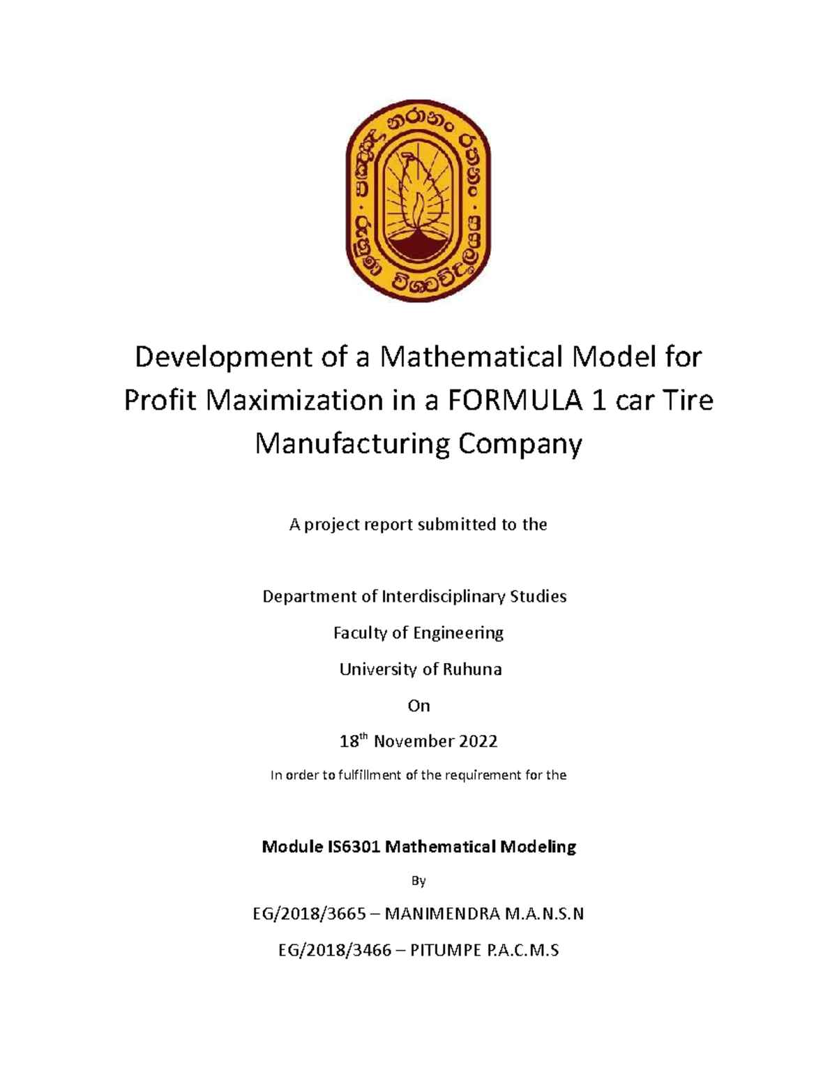 Mathematical Model - A.N.S EG/2018/3466 – PITUMPE P.A.C.M Tire type ...