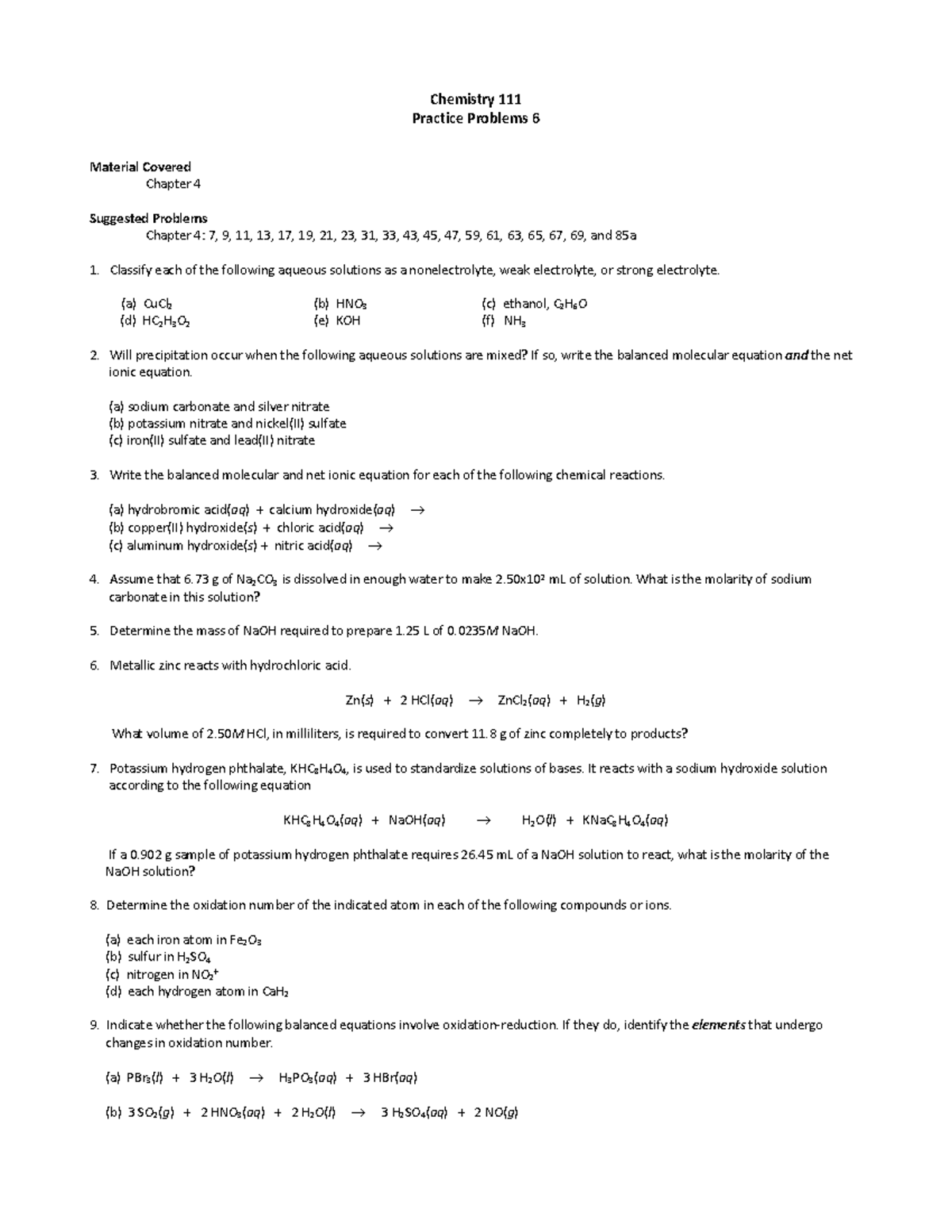 Practice Problems 1 - Chemistry 111 Practice Problems 6 Material ...