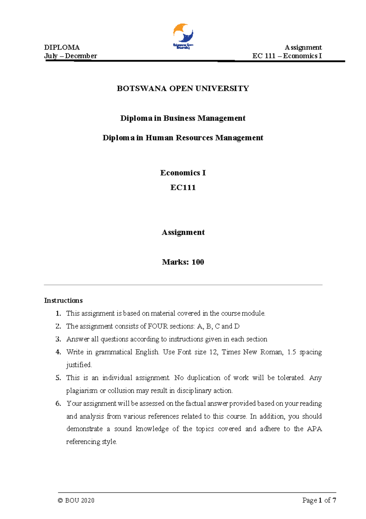 assignment economics ba 1st year