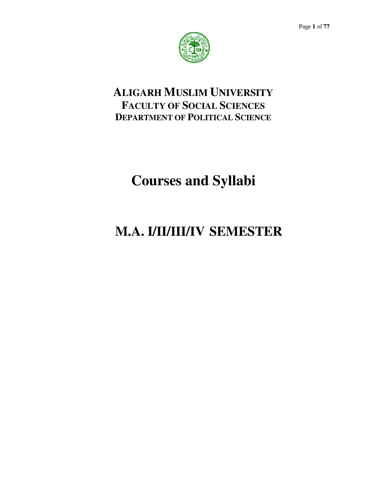 MA Syllabus - ALIGARH MUSLIM UNIVERSITY FACULTY OF SOCIAL SCIENCES ...