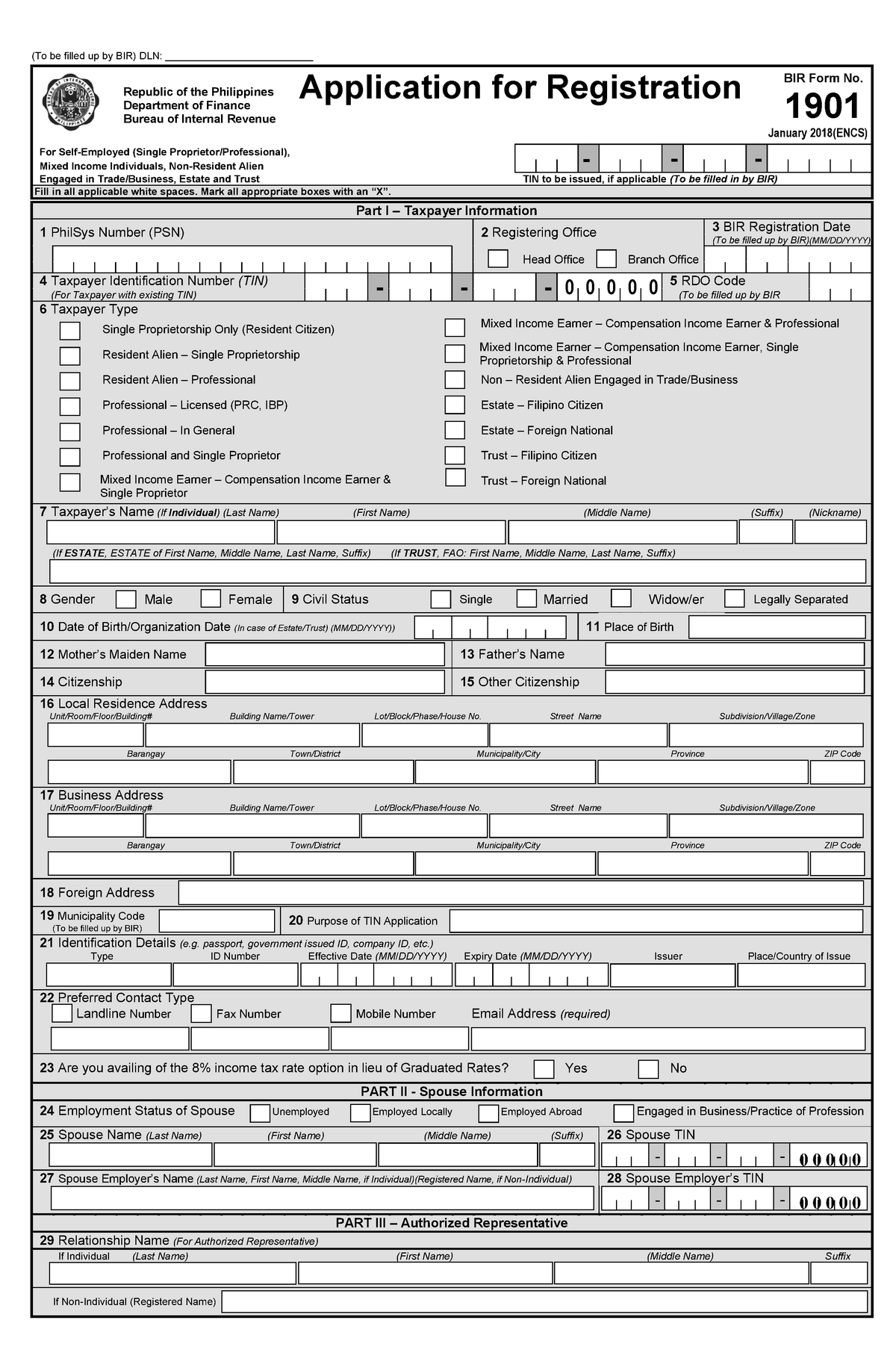 Bir Form 1901 Fillable Printable Forms Free Online